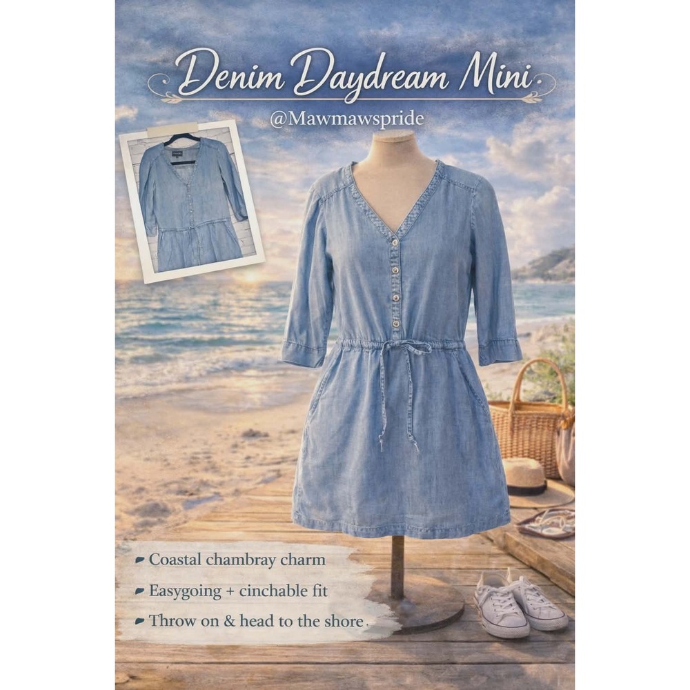 Michael Stars Chambray Mini Dress Blue Button Front Drawstring Waist Small